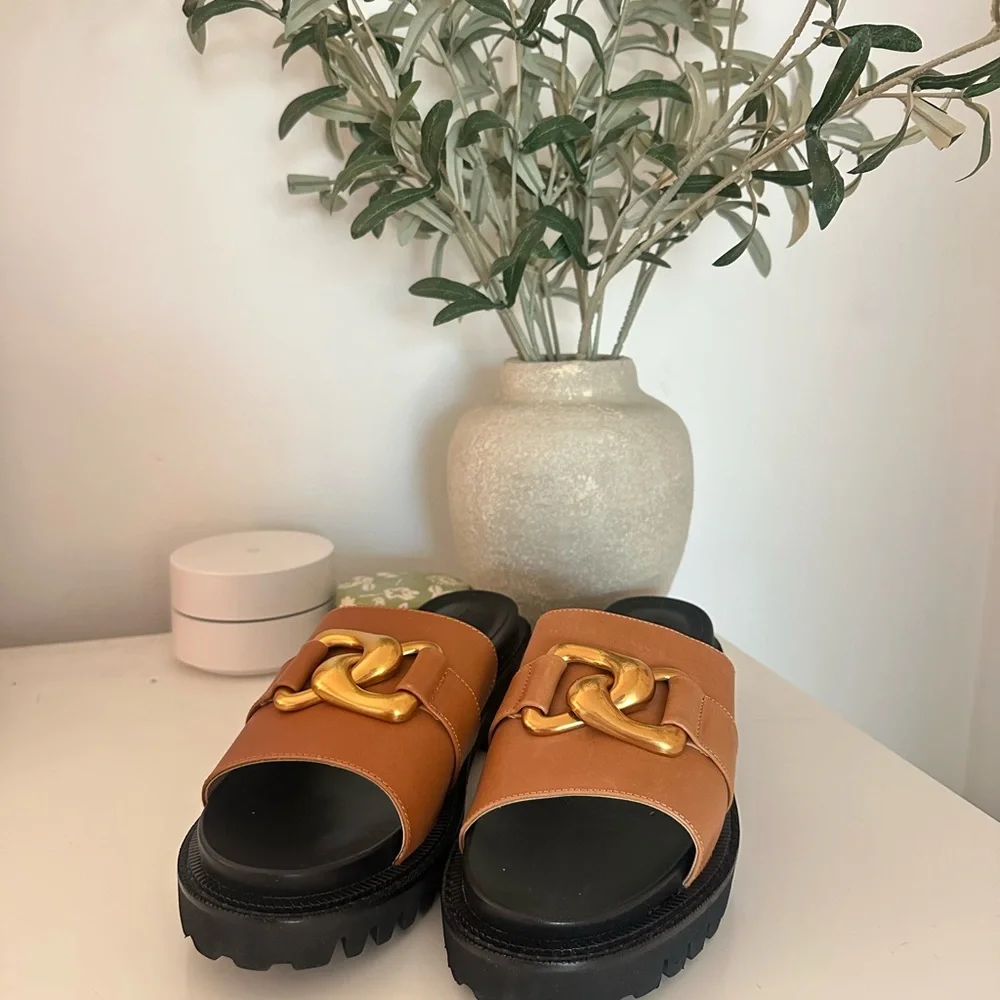 Aersoles Brown Slide Sandals with Gold Accent - Picture 2 of 5